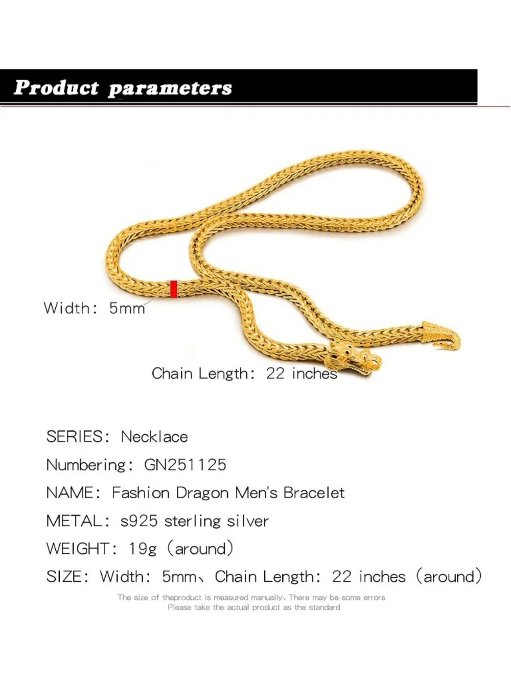 Men's Golden 925 Sterling Silver Dragon Necklace 5mm Franco Curb Link Chain